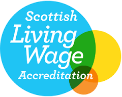 Scottish Living Wage accreditation logo white text shown in 3 bubbles