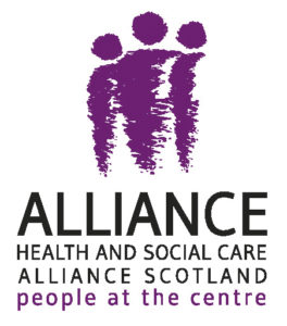 the ALLIANCE logo featuring 3 purple illustrated figures and the text 'Health and Social Care, Alliance Scotland, people at the centre'