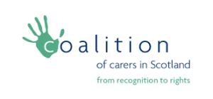 Coalition of Carers Logo which has a green handprint over the 'C' with tag line 'From recognition to rights'