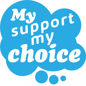 logo in blue cloud shaped thought bubble text ready My support my choice with the first and last word in bold so the phrase in book-ended with the phrase 'My choice'