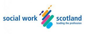 Social Work Scotland Logo blue text with multicoloured graphic of scotland map