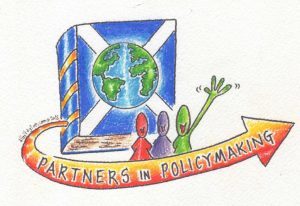 Partners in Policymakuing logo which shows 3 figures in front of a blue book with a scottish flag and a globe