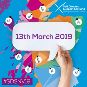 multicoloured map of scotland with broups of figures pin pointed hand hold a speech bubble which reads '13th March 2019'