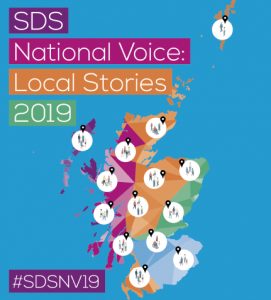 SDS National Voice programme cover featuring a multicoloured map of scotland 
