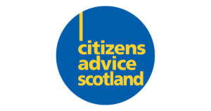 blue circle with yellow text which reads 'Citizens advice Scotland'