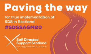 Orange background with a faded purple road to the right hand side. Text saying Paving the way for true implementation of SDS in Scotland.