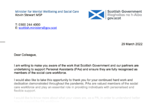 Cilp view of the typed letter from the Minister for Mental Wellbeing and Social Care