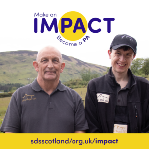 Make an impact campaign logo showing personal assistant Michael and his young employer Cameron on the Isle of Arran