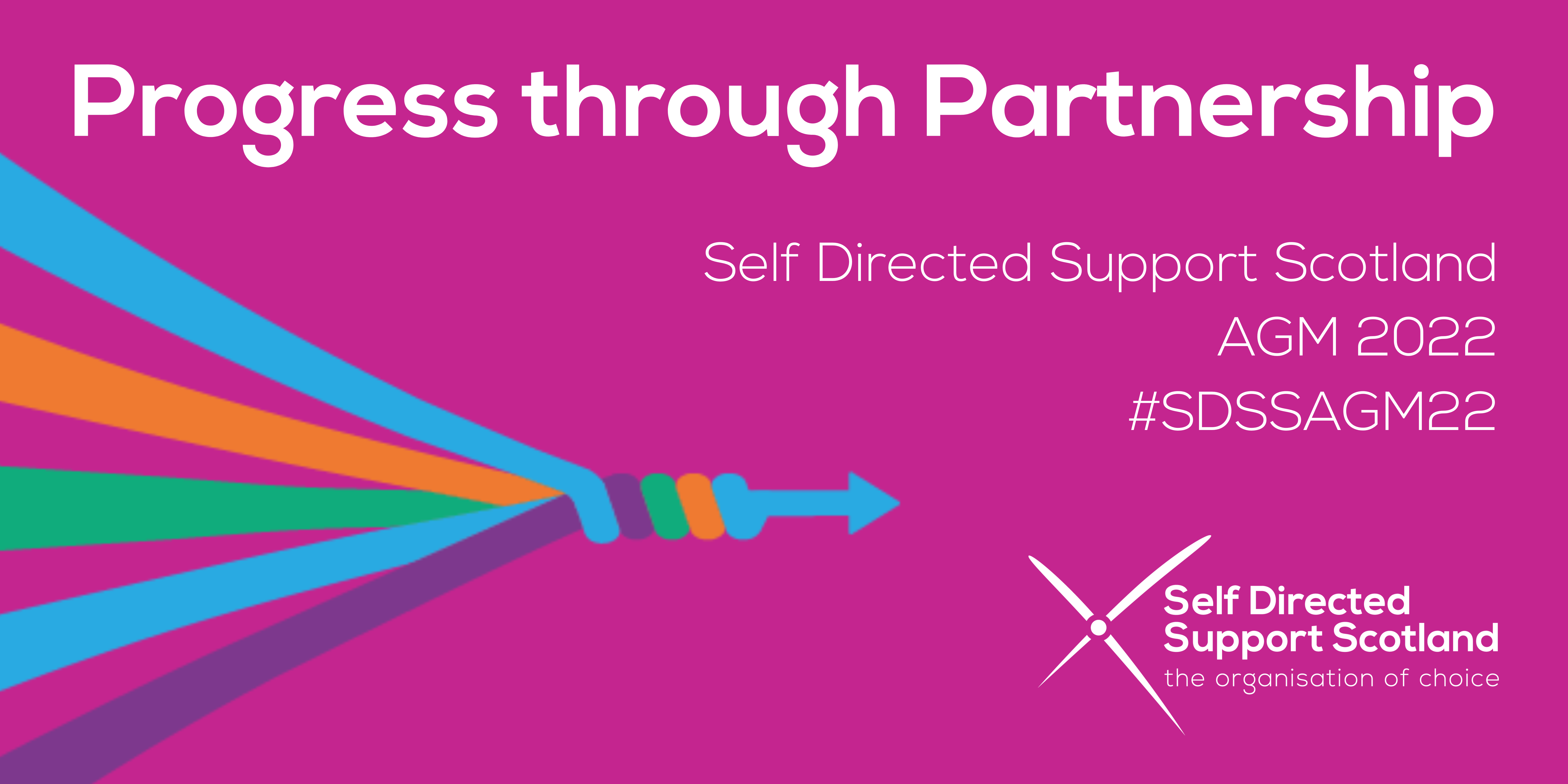 An illustration with the text 'Progress through Partnership, Self Directed Support Scotland AGM 2022' and an image of strands of rope weaving together into an arrow