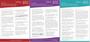 Three factsheets in red, purple and teal