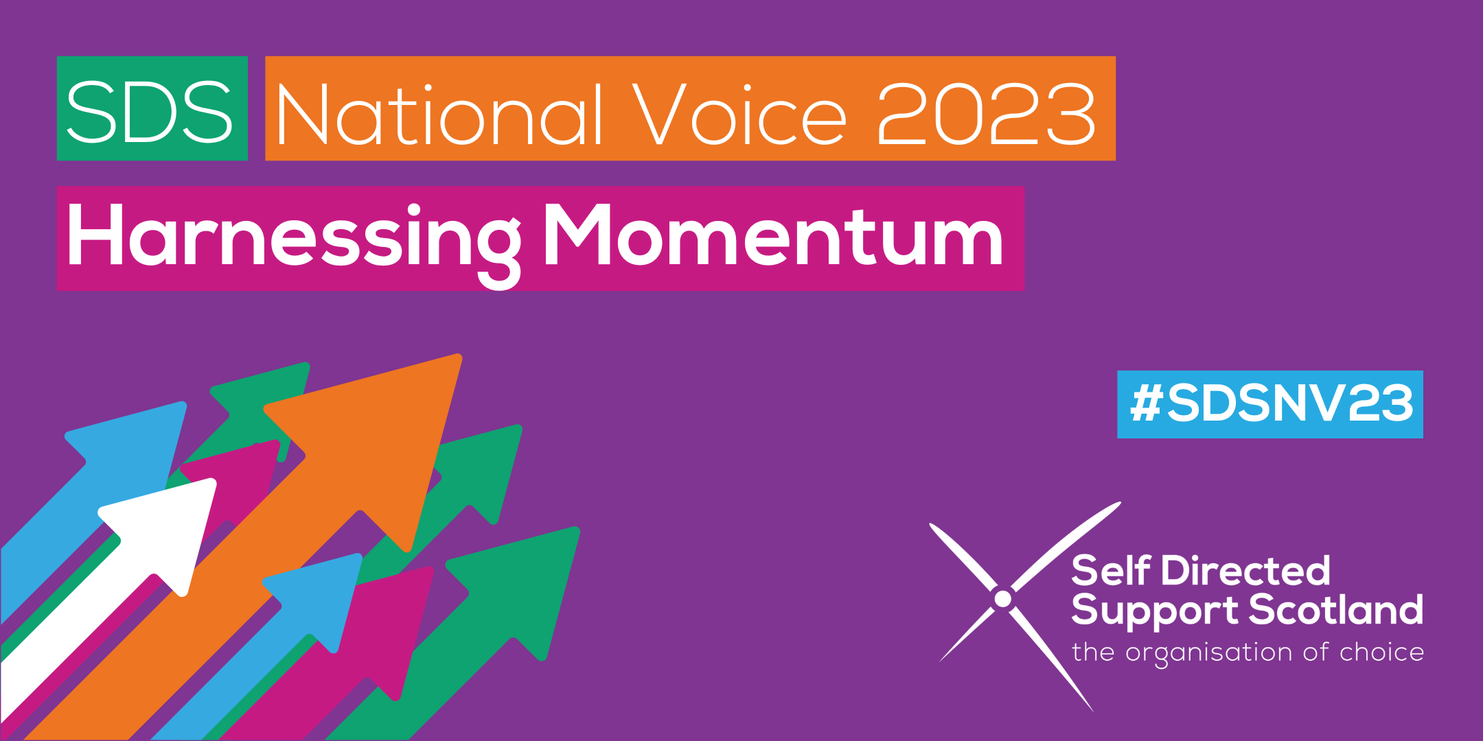 A purple square wit the text SDS National Voice 2023 Harnessing Momentum, #sdsnv23, SDSS logo and multi coloured arrows