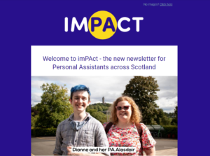 A screenshot of an email newsletter with the heading IMPACT and a photo of a woman and her male PA