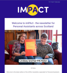 A screenshot of an email newsletter with the heading IMPACT and a photo of two women sitting on a sofa