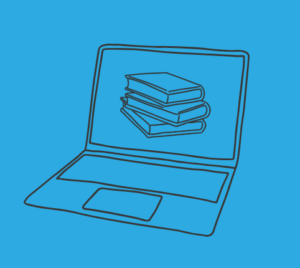 A line drawing of a laptop with an image of books on a blue background