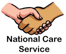 An illustration of a handshake and the text National Care Service