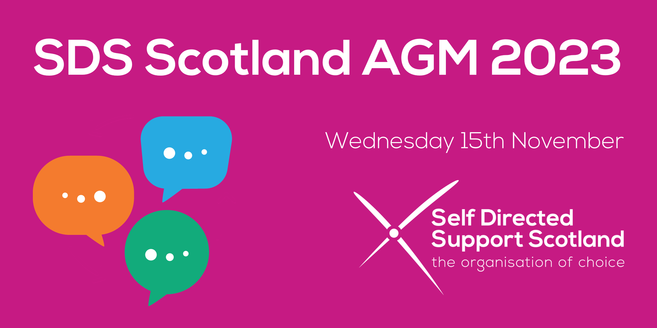 SDS Scotland AGM 2023 Wednesday 15 November, SDSS logo and three coloured speech bubbles