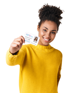 A woman in a yellow jumper holds out a Blue Sky Social Care Card
