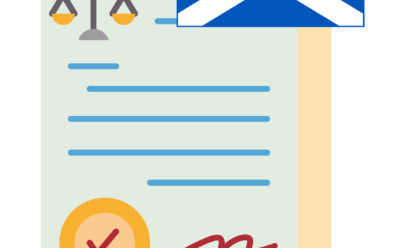 A cartoon image of a paper copy of a law, with a Scottish flag over its top right corner