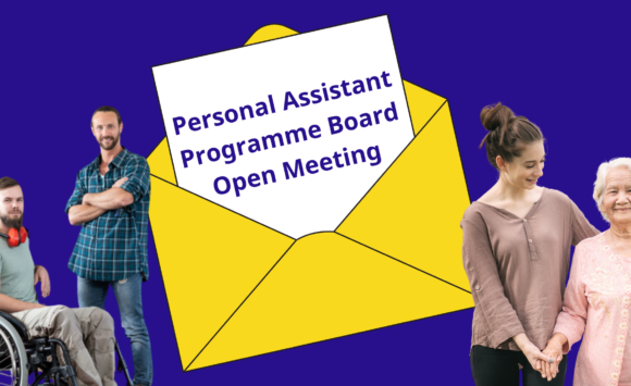A open yellow envelope in the centre with a white letter popping out of it which says "Personal Assistant Programme Board Open Meeting". Beside this on either side are two sets of PAs and their employers. This is all on a blue background.