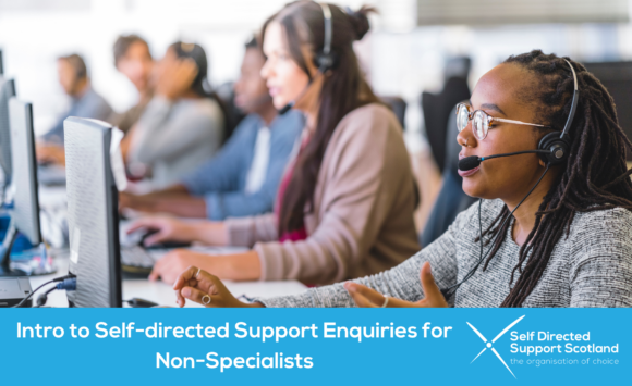 A group of people sitting in front of computers while taking calls via headsets, with a blue banner saying 'Intro to SDS Enquiries for Non-specialists' underneath with SDSS' logo