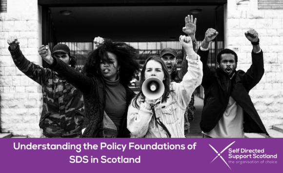 A group of activists in black and white with their fists in the air, with a purple banner below saying "Understanding the Policy Foundations of SDS in Scotland" beside SDSS' logo