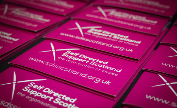 Pink SDSS presentations folders spread out in vertical rows across a desk, with SDSS' white logo prominently featured